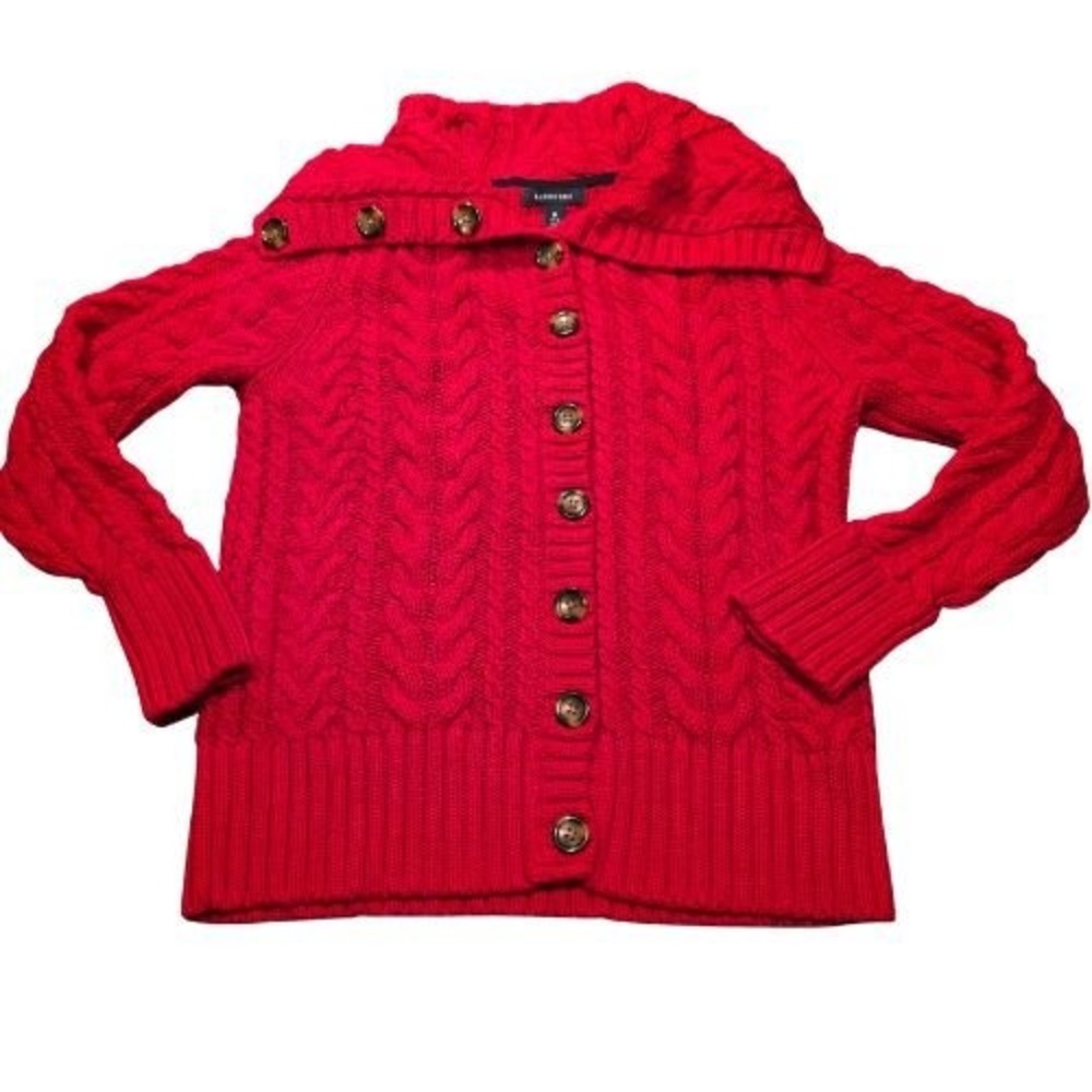 Lands End Womens M Red Cable Knit Cardigan Sweater 100% Cotton Shawl Collar